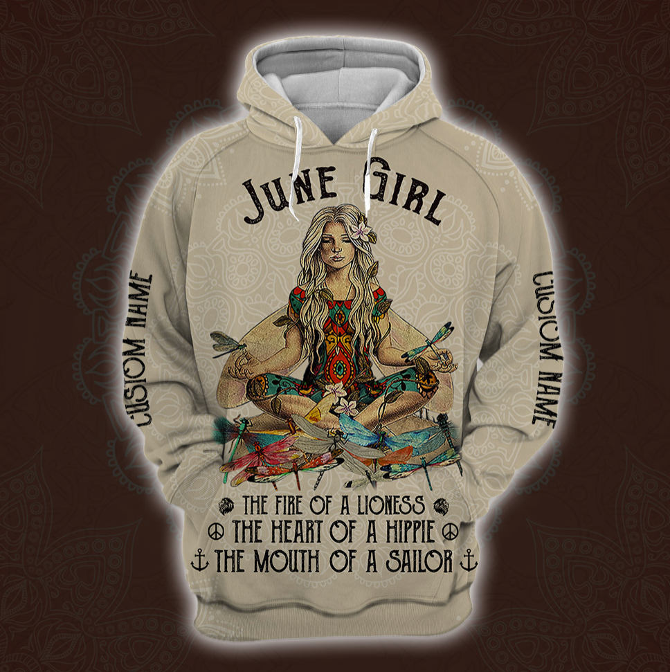 Yoga June Girl he fire of a lioness the heart of a hippie the mouth of a sailor all over printed 3D hoodie