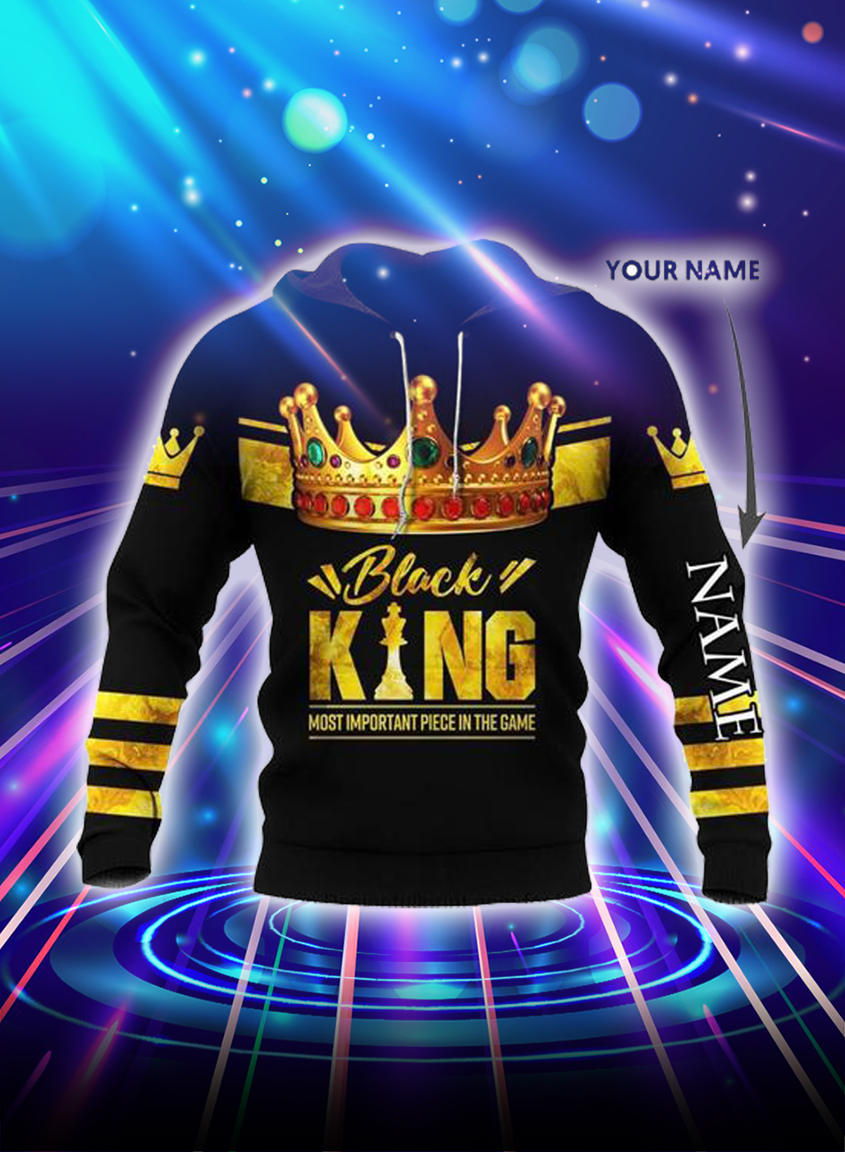 Black king most important piece in the game personalized custom name 3d hoodie