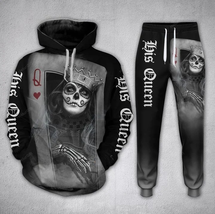 Couple Skull His Queen Her King Card 3D Hoodie and sweatpants 2