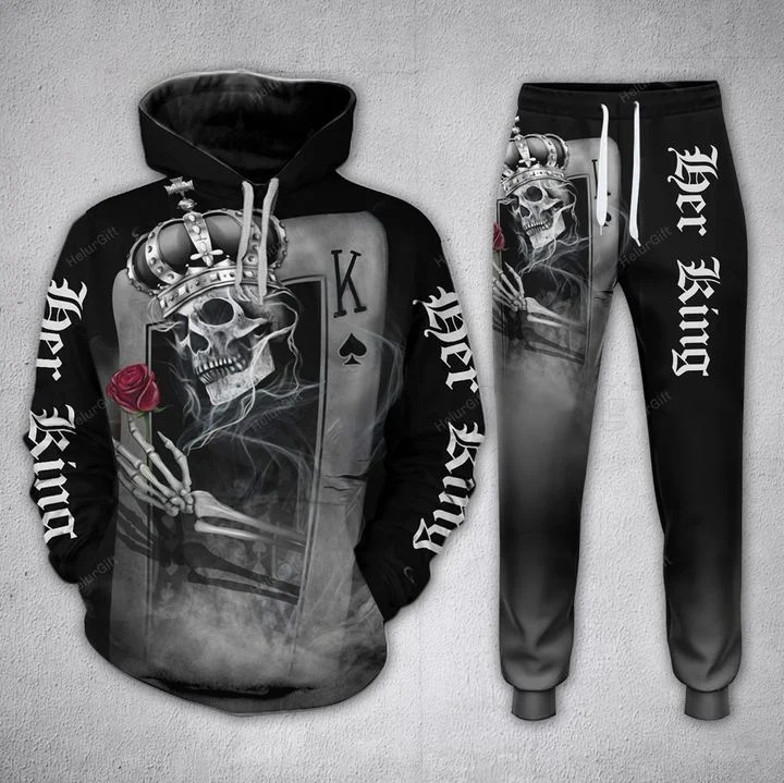 Couple Skull His Queen Her King Card 3D Hoodie and sweatpants 3