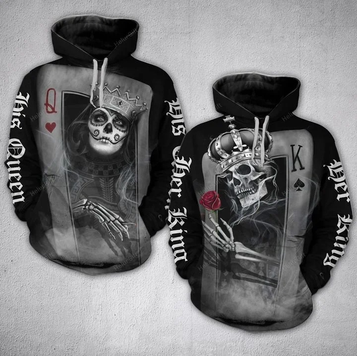 Couple Skull His Queen Her King Card 3D Hoodie and sweatpants 4
