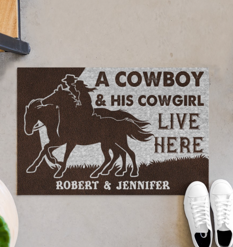 Personalized a cowboy and his cowgirl live here doormat 1