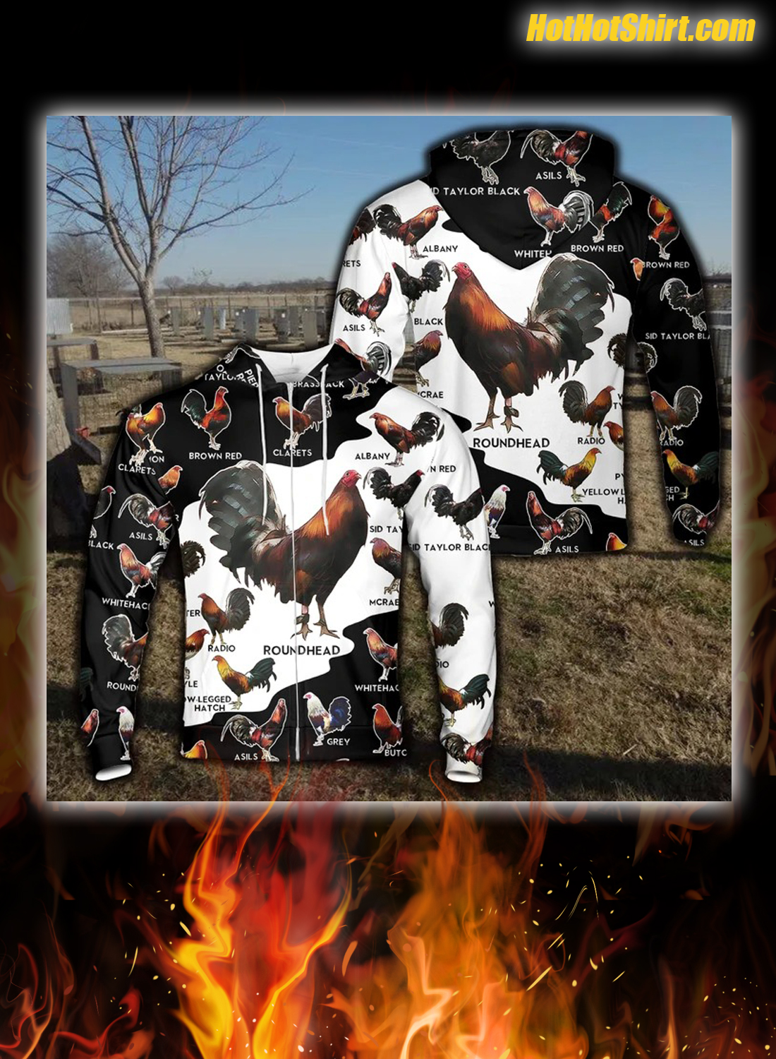 Rooster breeds all over print hoodie and zip hoodie