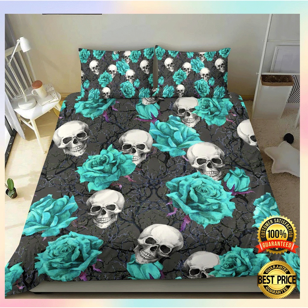 Turquoise rose skull bedding set1