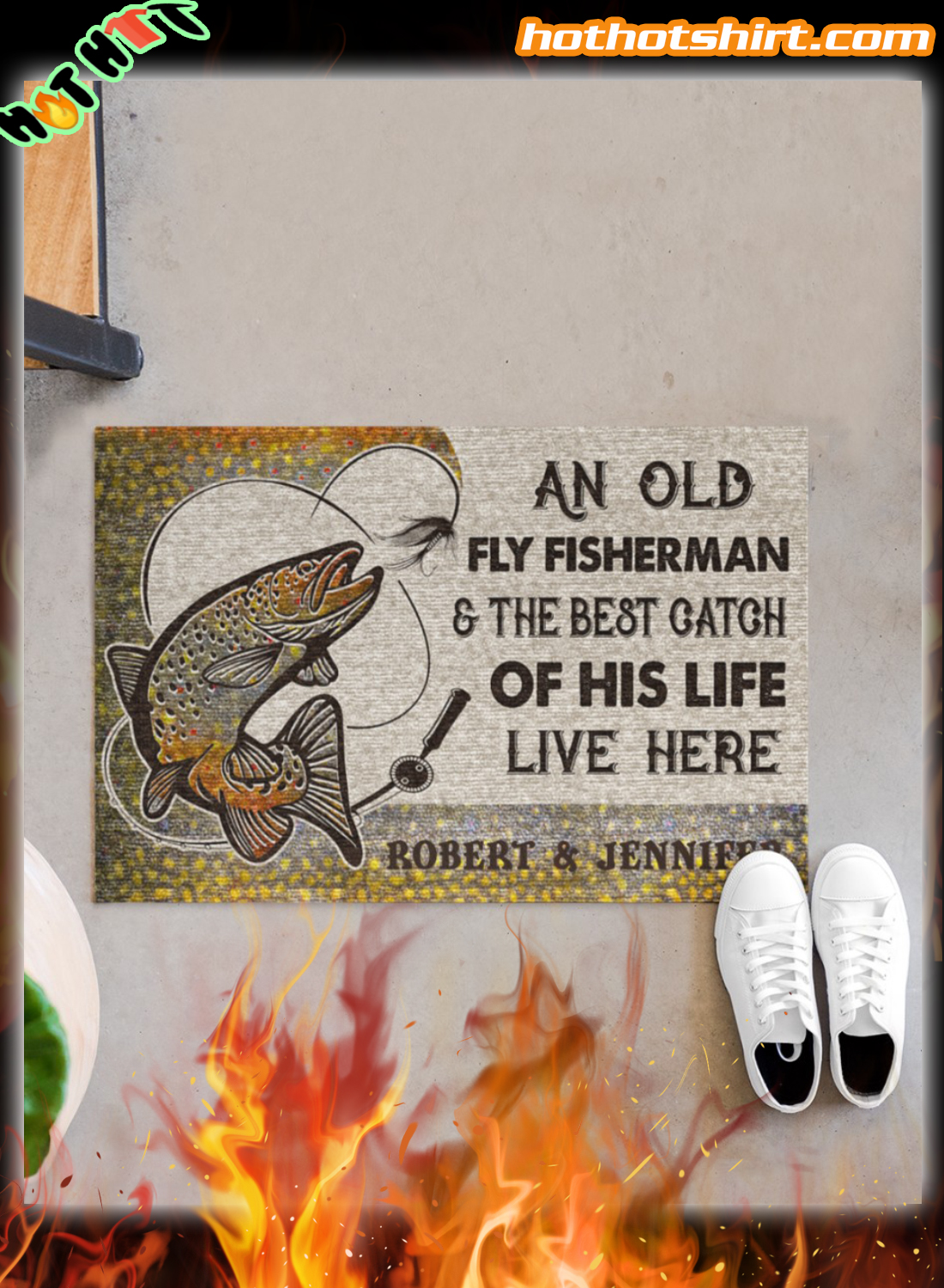Personalized An old fly fisherman and the best catch of his live live here doormat 1