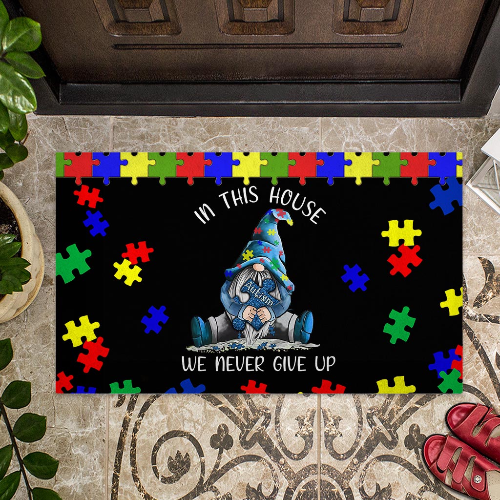 Gnome autism in this house we never give up doormat