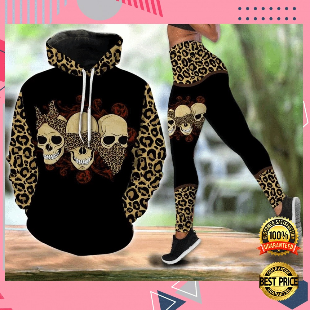 Three skulls mom leopard leather all over printed 3D hoodie and legging 2