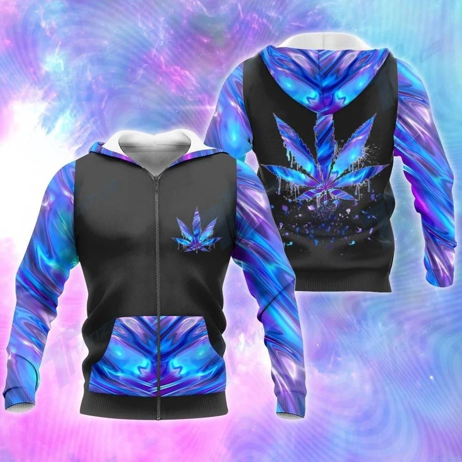 Cannabis weed leaf hologram holographic all over printed zip hoodie
