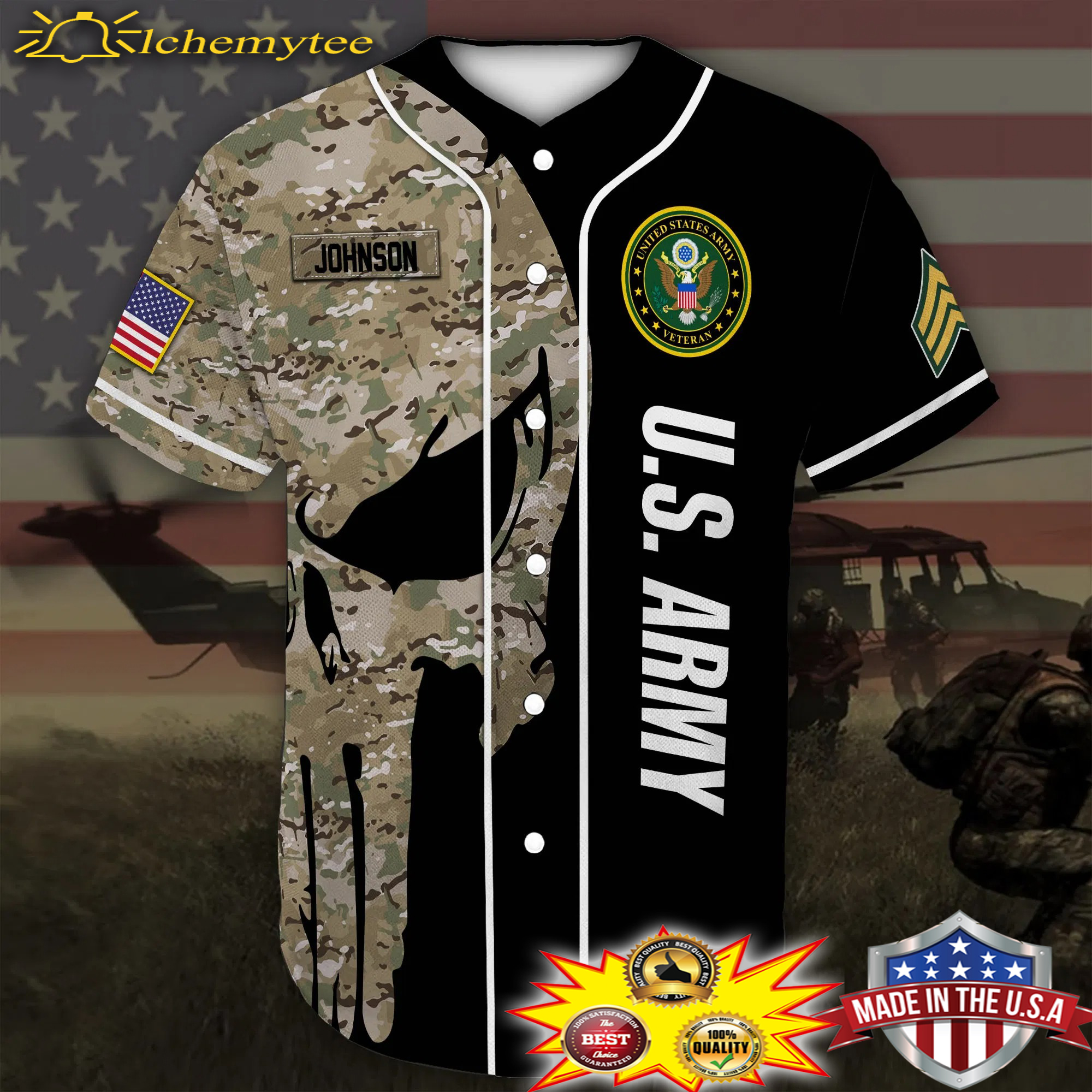 Custom Name Punisher Skull US Army Veteran Baseball Shirt