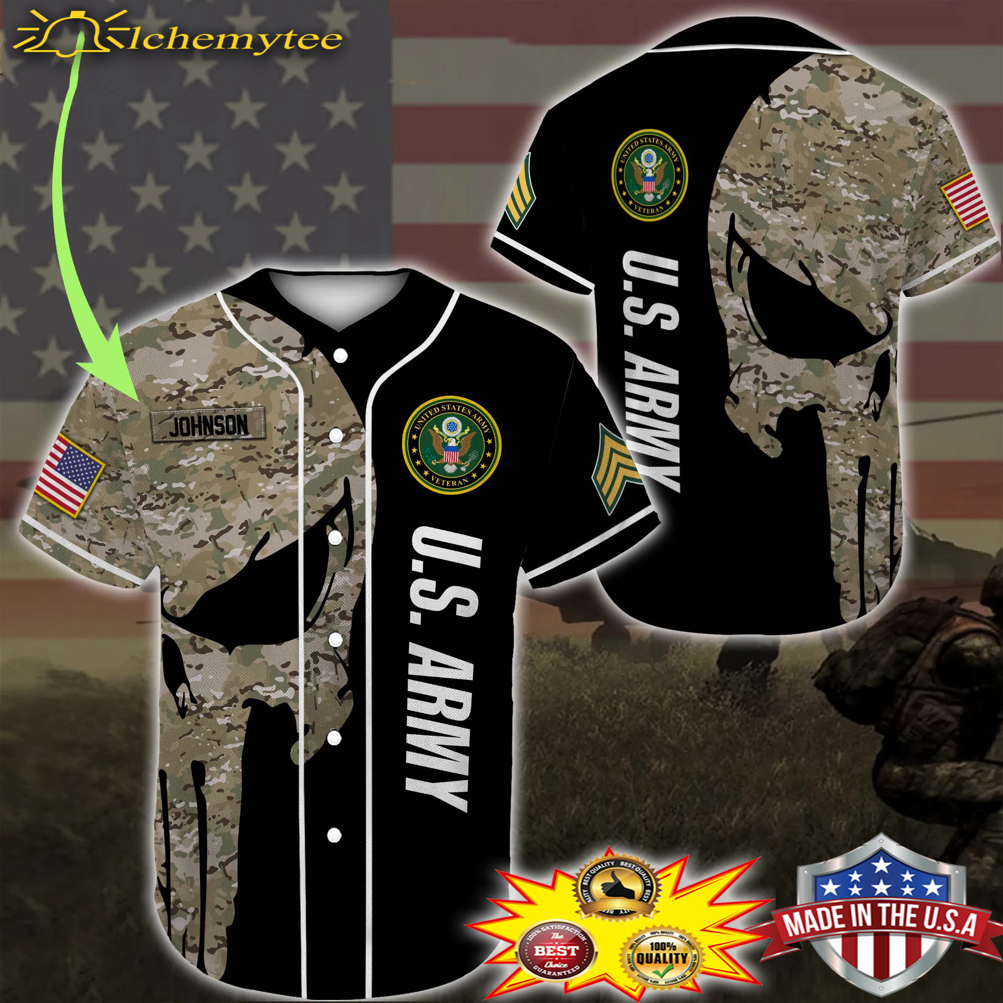 Custom Name Punisher Skull US Army Veteran Baseball Shirt