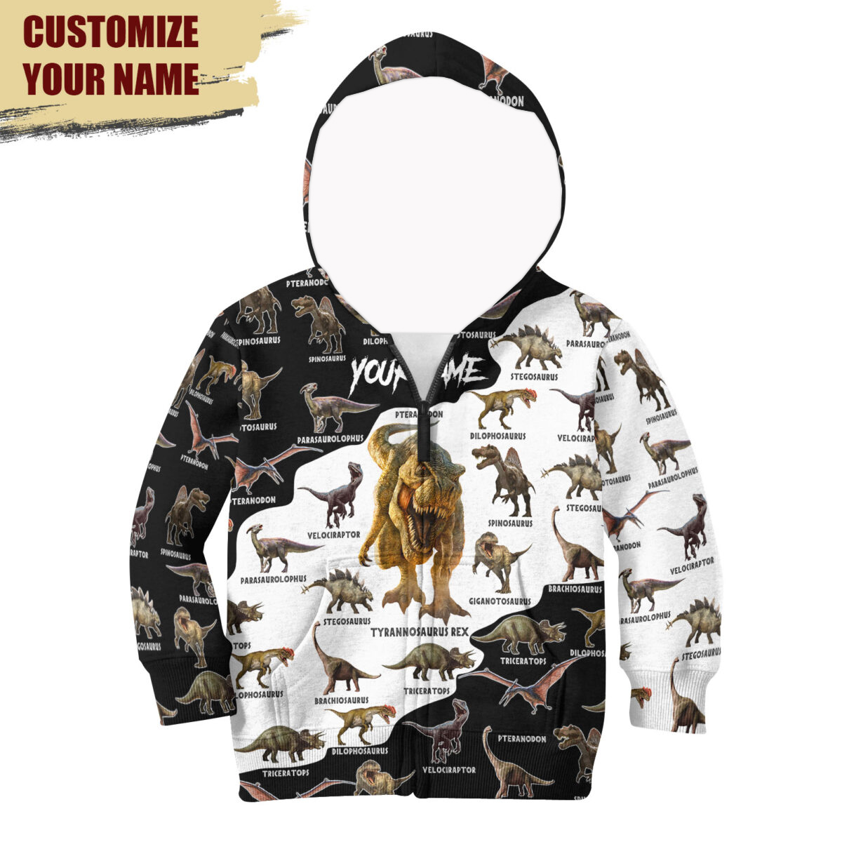 Dinosaur art custom name all over printed zip hoodie