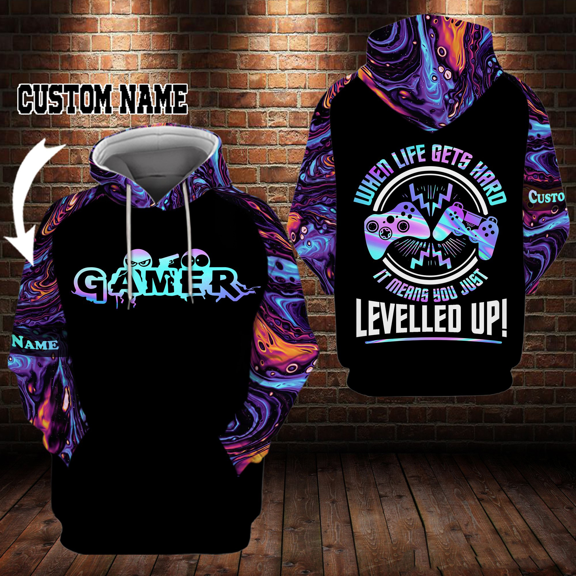 Gamer When life gets hard it means you just levelled up personalized custom name 3d hoodie