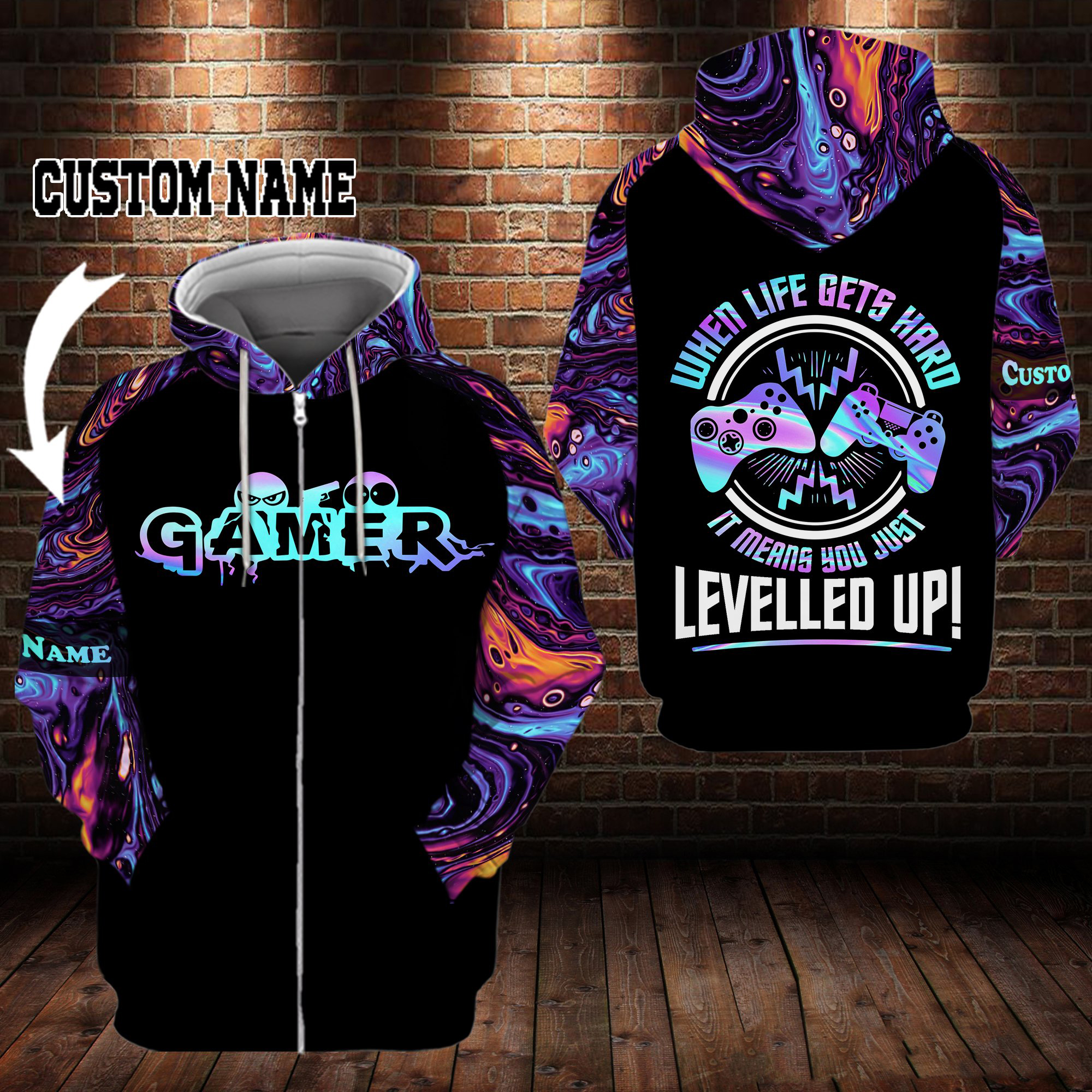 Gamer When life gets hard it means you just levelled up personalized custom name 3d zip hoodie