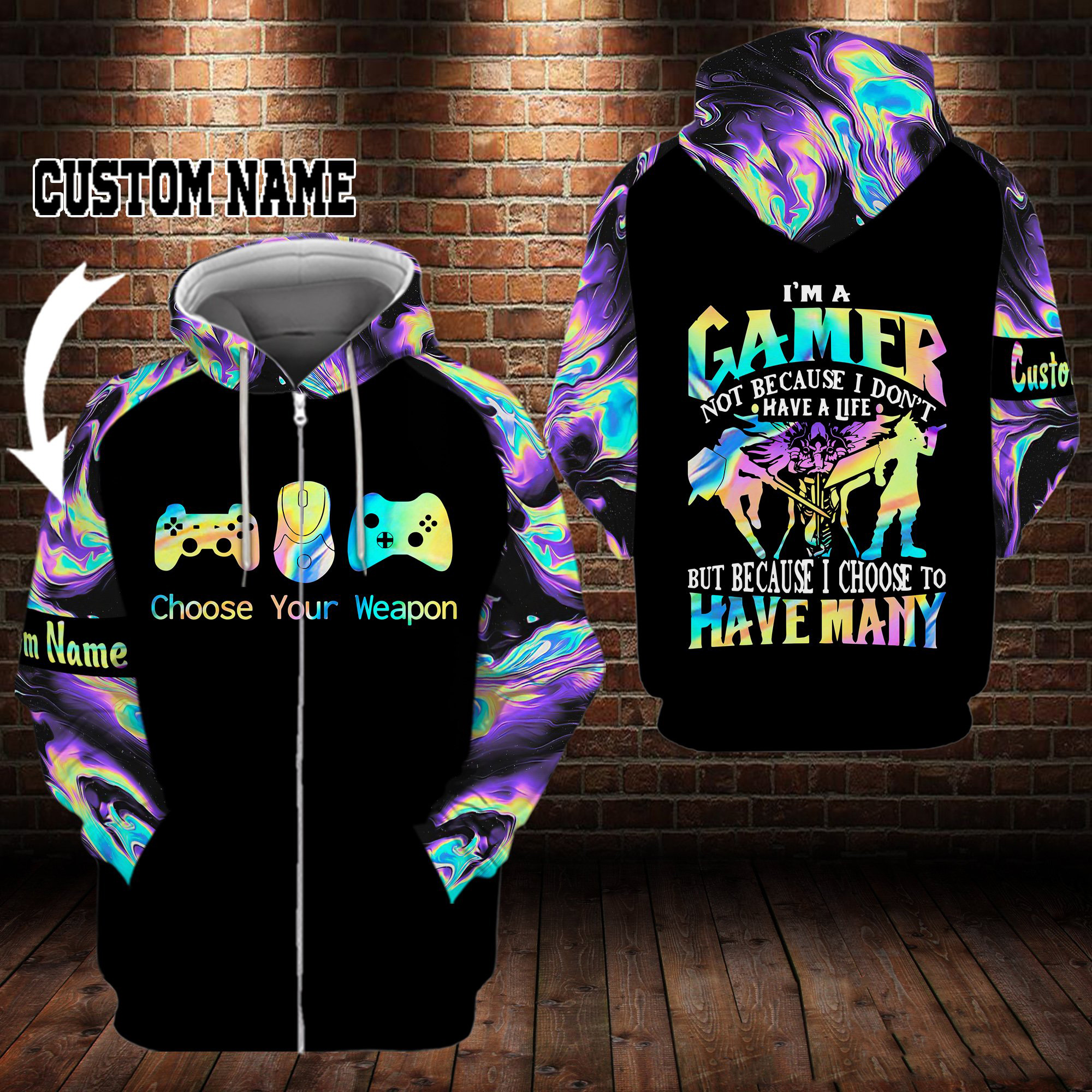Gamer choose your weapon personalized custom name 3d zip hoodie