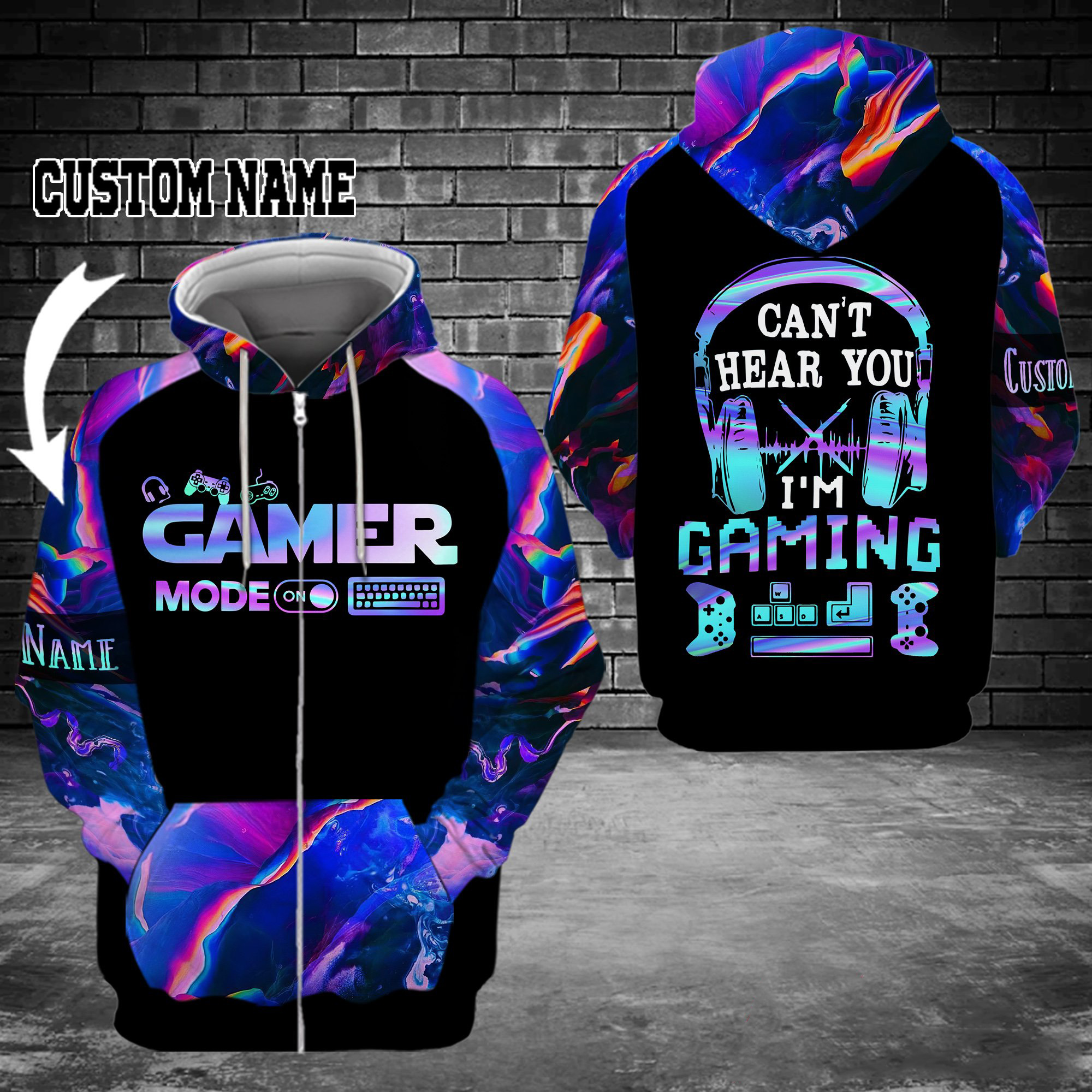 Gamer mode Cant hear you Im gaming personalized custom name 3d zip hoodie