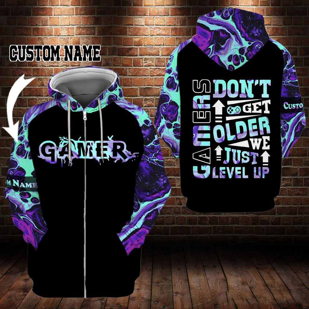 Gamers dont get older we just level up custom name 3d zip hoodie