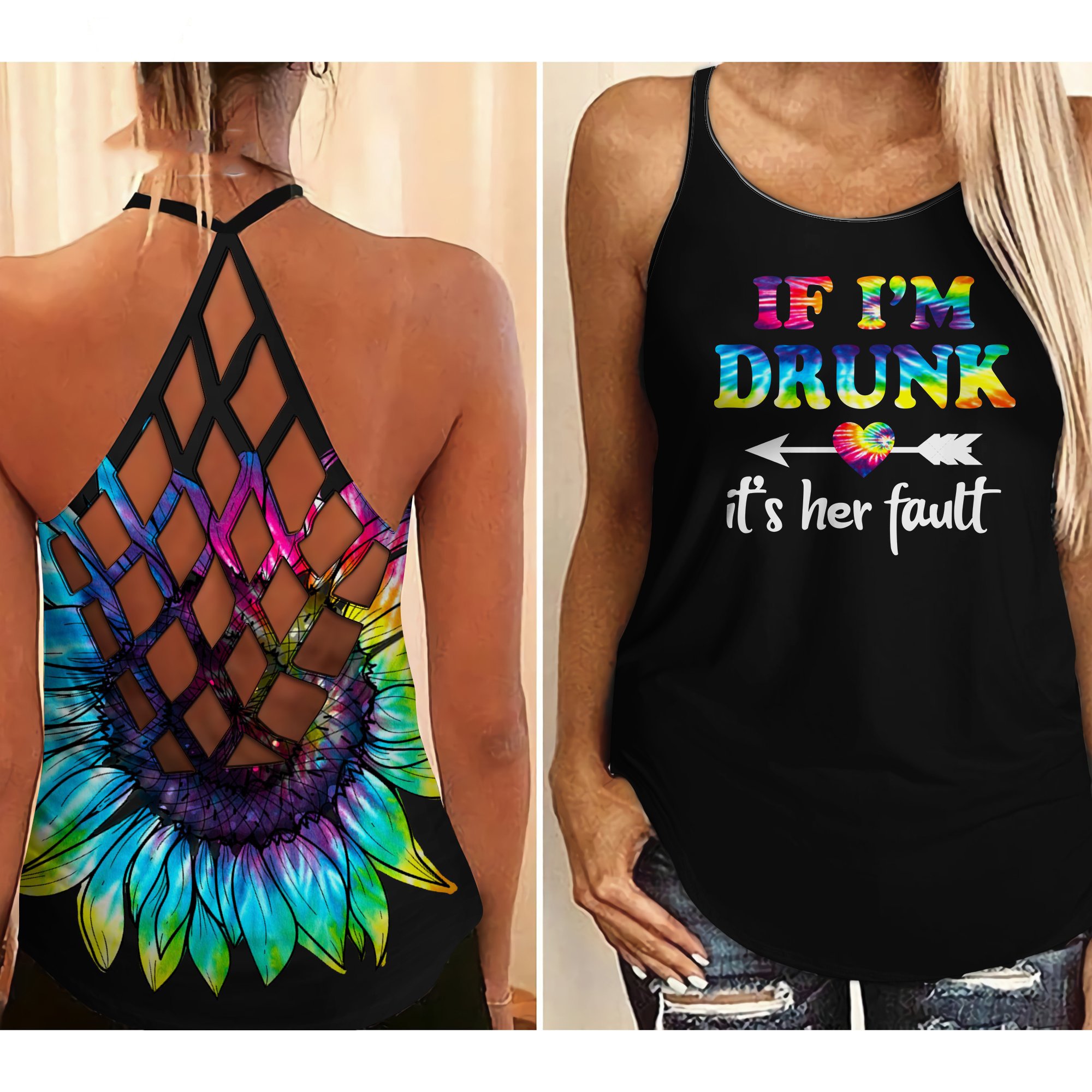 If Im drunk its her fault criss cross open back camisole tank top