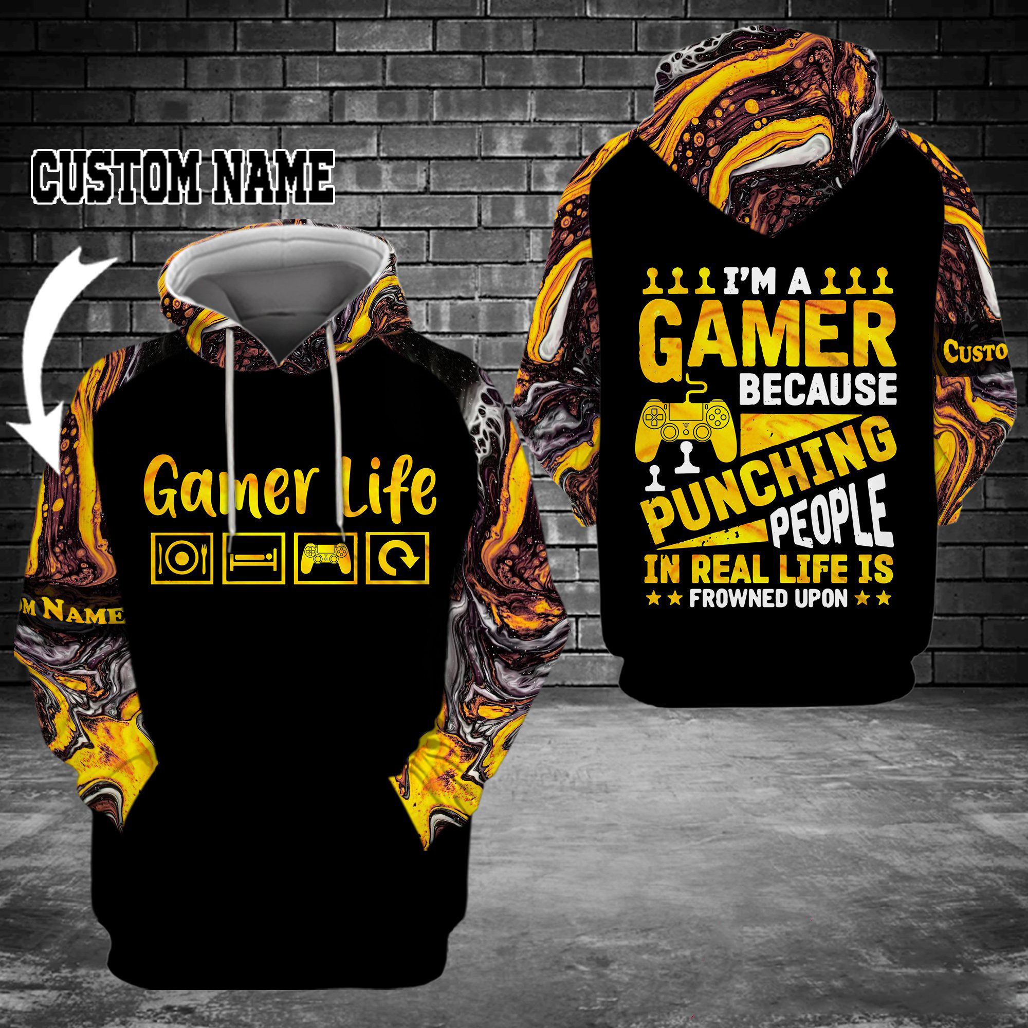 Im a gamer because punching people in real life is frowned upon custom name 3d hoodie