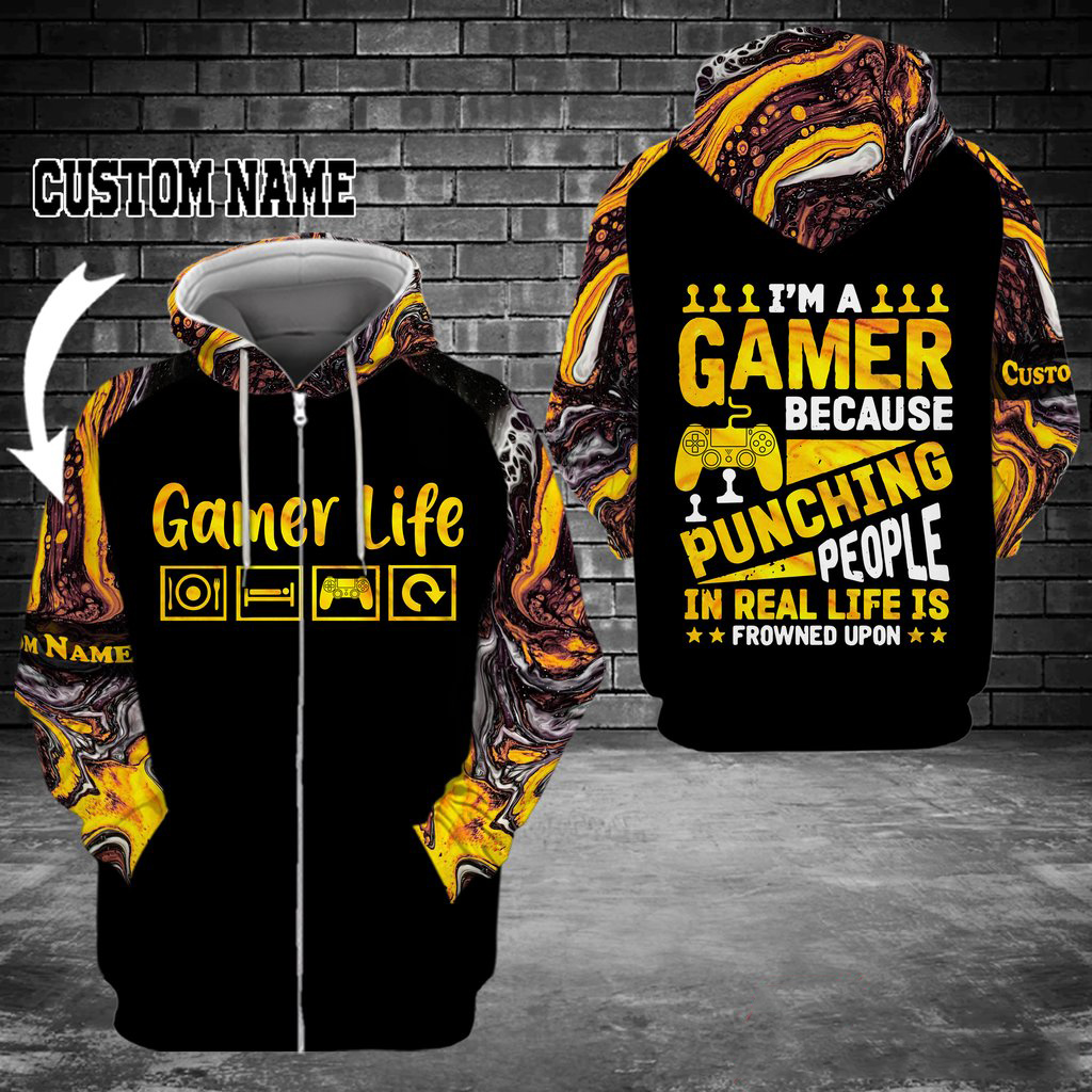 Im a gamer because punching people in real life is frowned upon custom name 3d zip hoodie