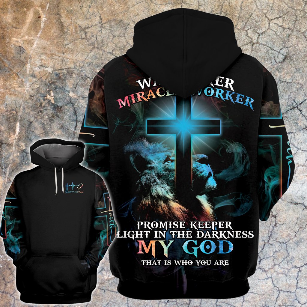 Lion cross light Way maker miracle worker all over printed hoodie