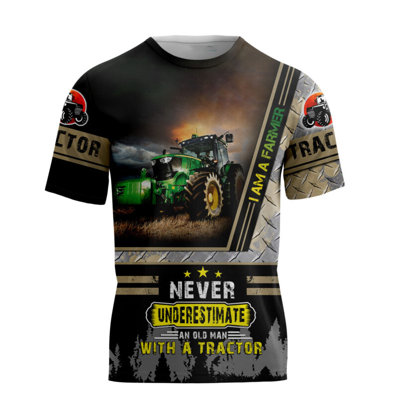 Never underestimate an old man with a tractor all over printed t shirt