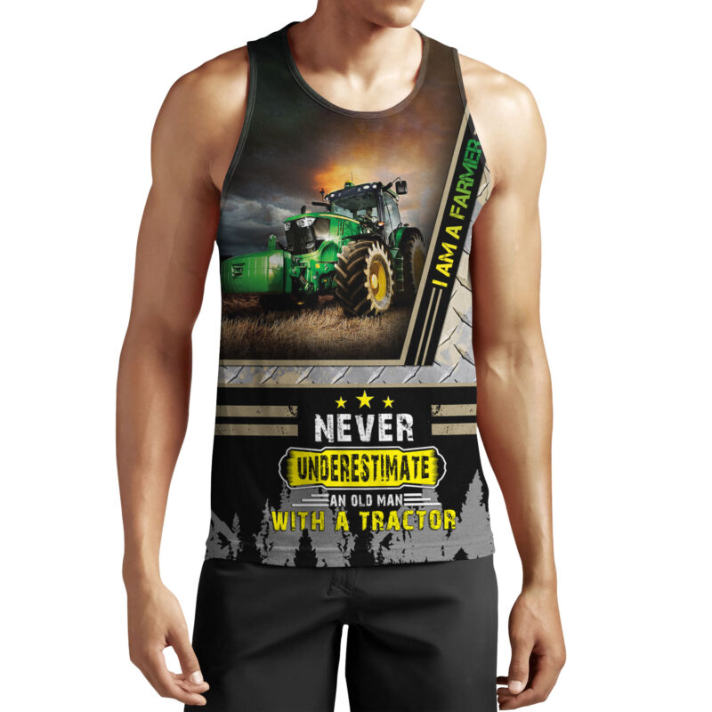 Never underestimate an old man with a tractor all over printed tank top
