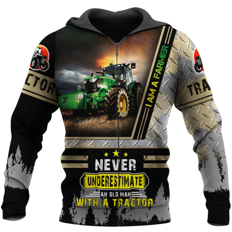 Never underestimate an old man with a tractor all over printed zip hoodie