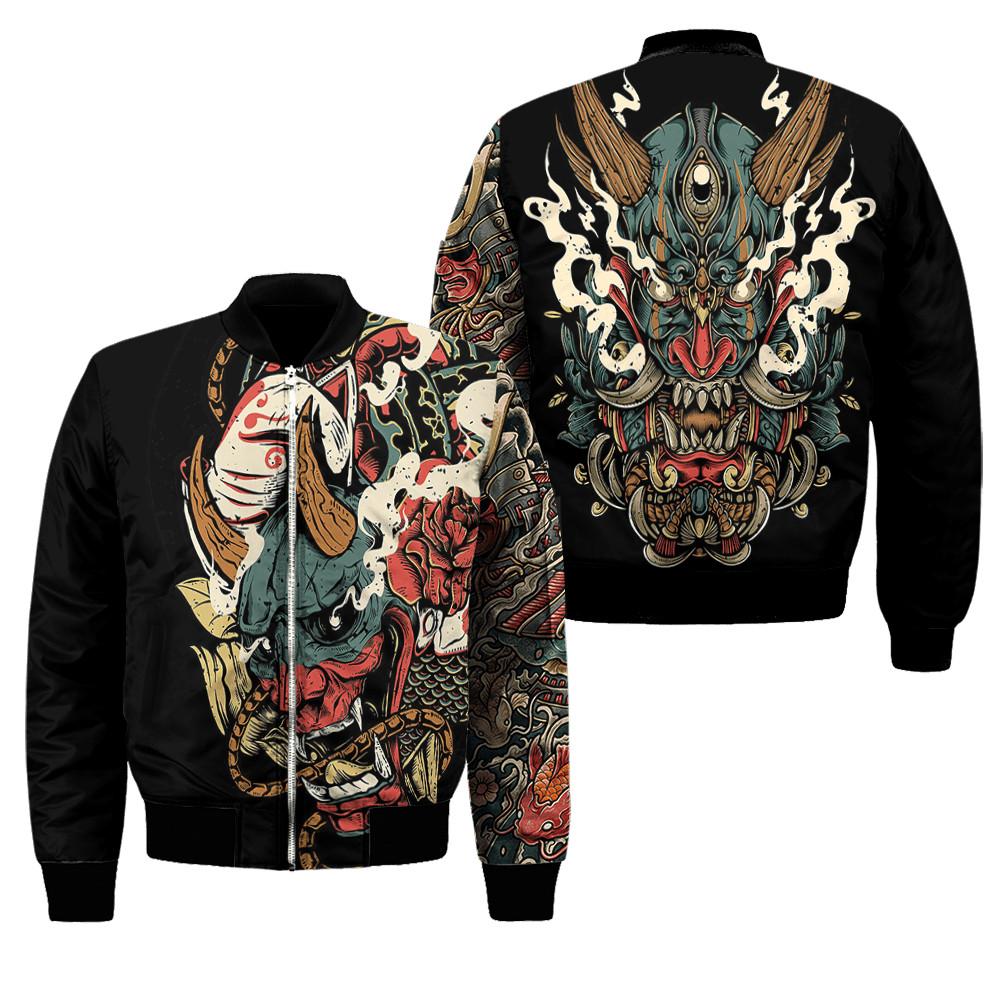 Oni mask tattoo all over printed bomber
