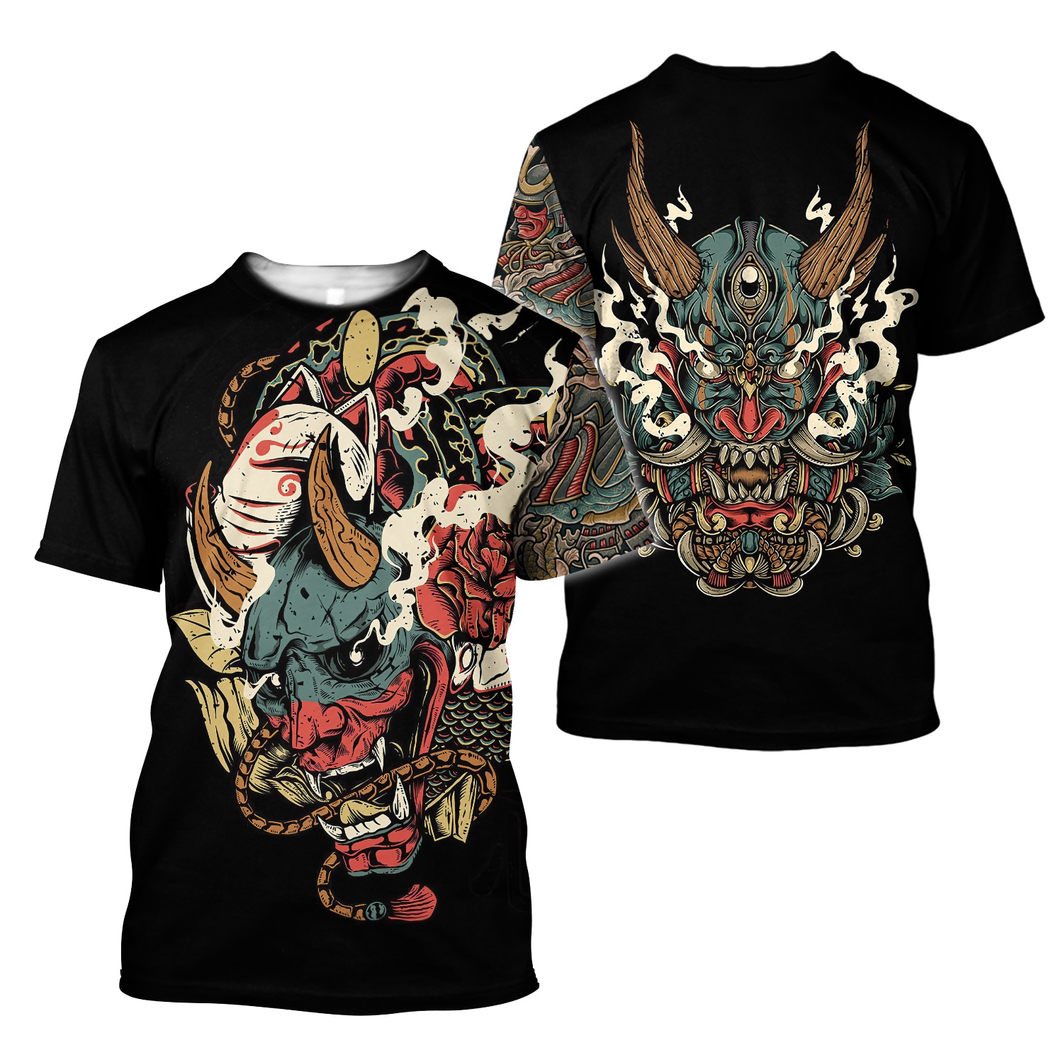 Oni mask tattoo all over printed t shirt