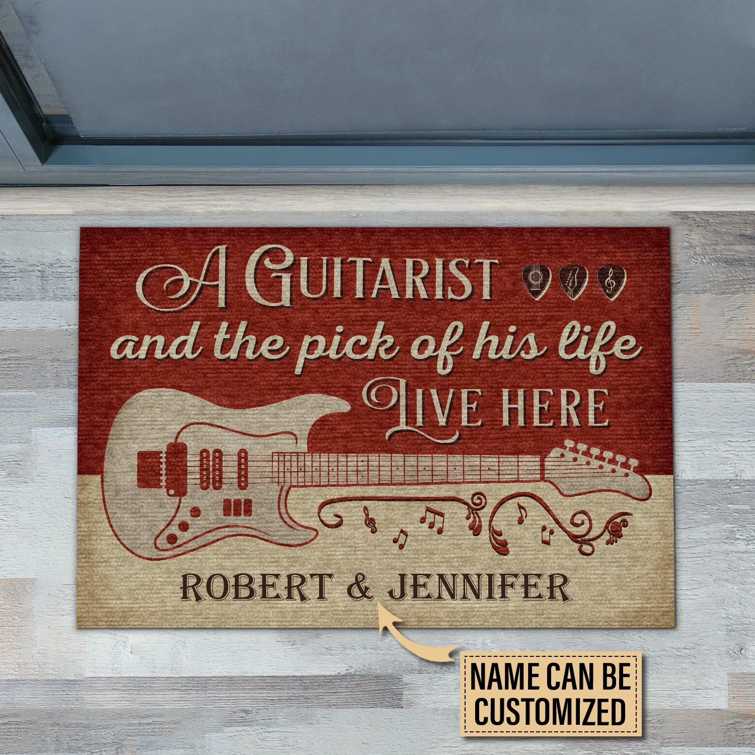 Personalized A guitarist and the pick of his life live here custom name doormat