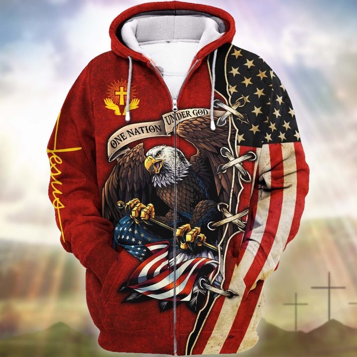 Premium Unique One Nation Under God American Eagle Zip Hoodie