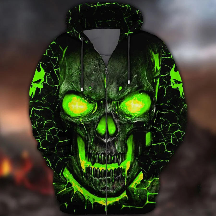 Premium Unique Skull Green 3d Zip Hoodie