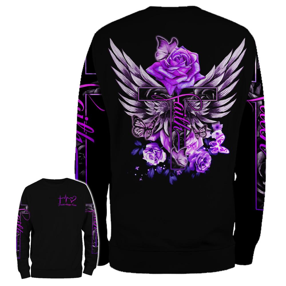 Purple rose painting art cross faith hope love all over print sweatshirt