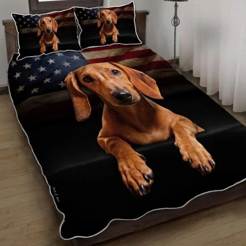Red Dachshund American flag quilt bed set Picture 1