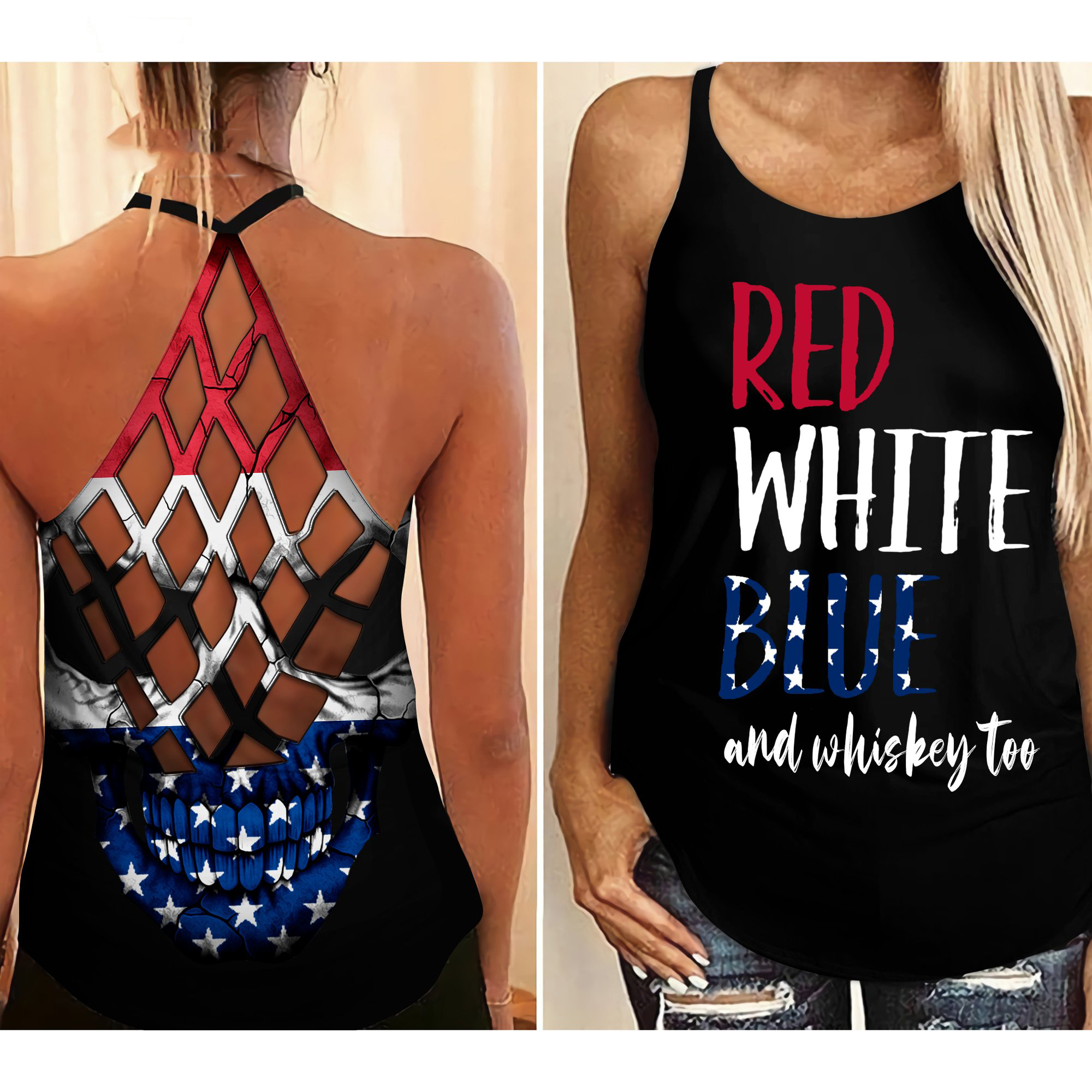 Red white blue and whiskey too criss cross open back camisole tank top