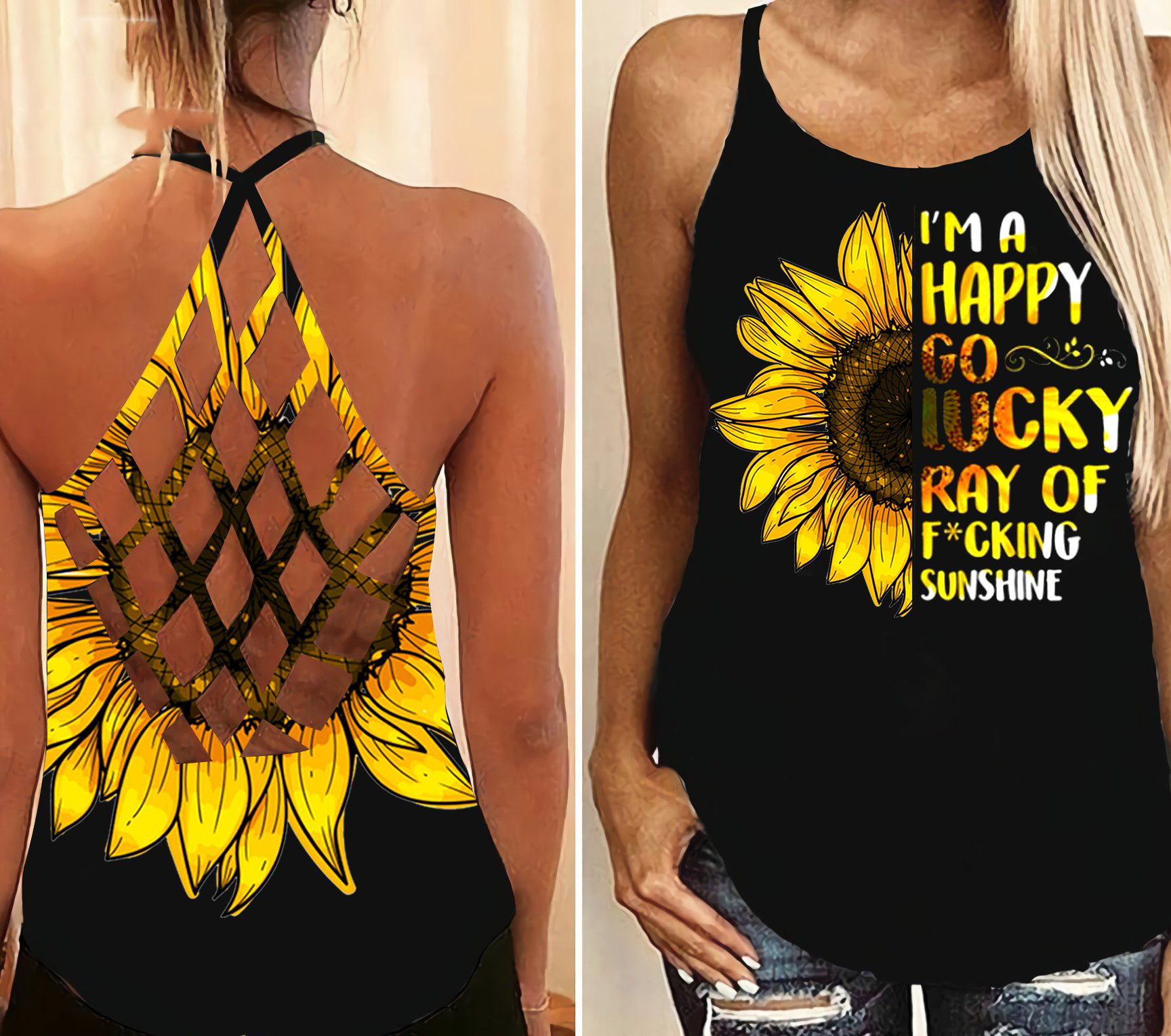 Sunflower Im a happy go lucky ray of fucking criss cross open back camisole tank top