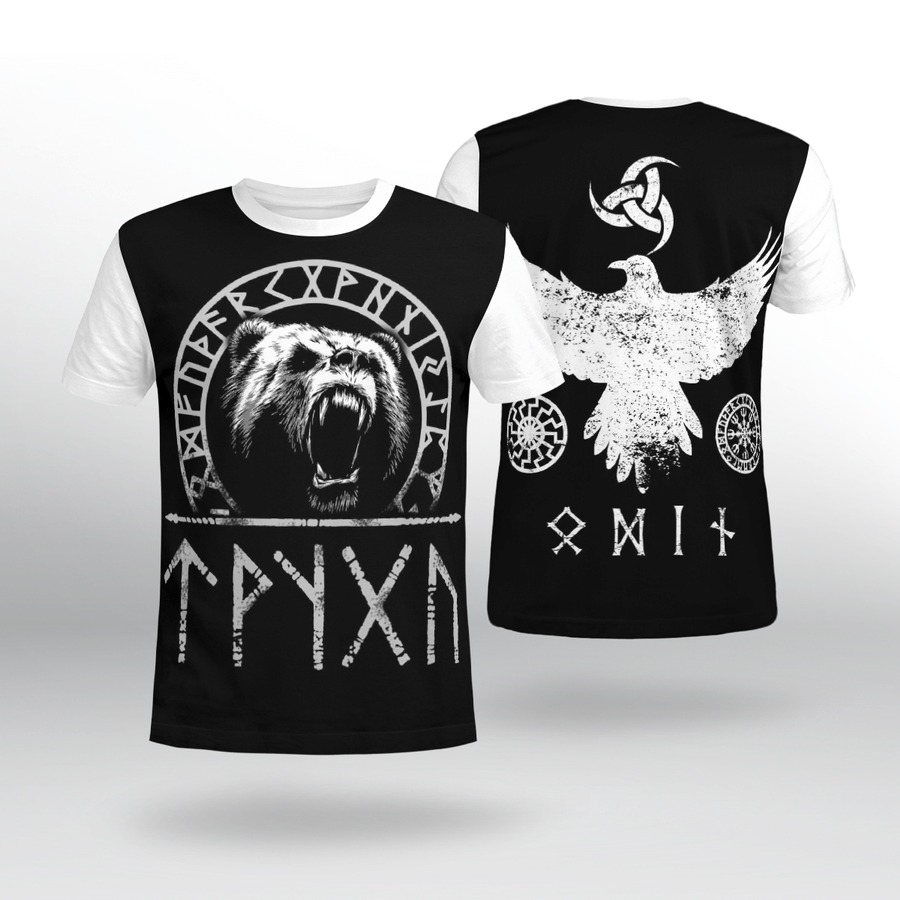 Viking bear raven all over printed t shirt