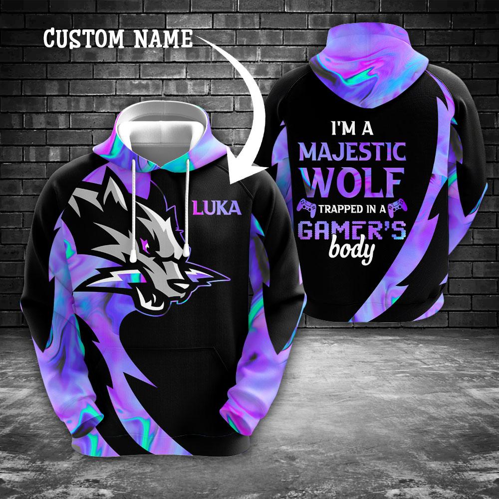 Wolf gaming Im a majestic wolf trapped in a gamers body custom name 3d hoodie