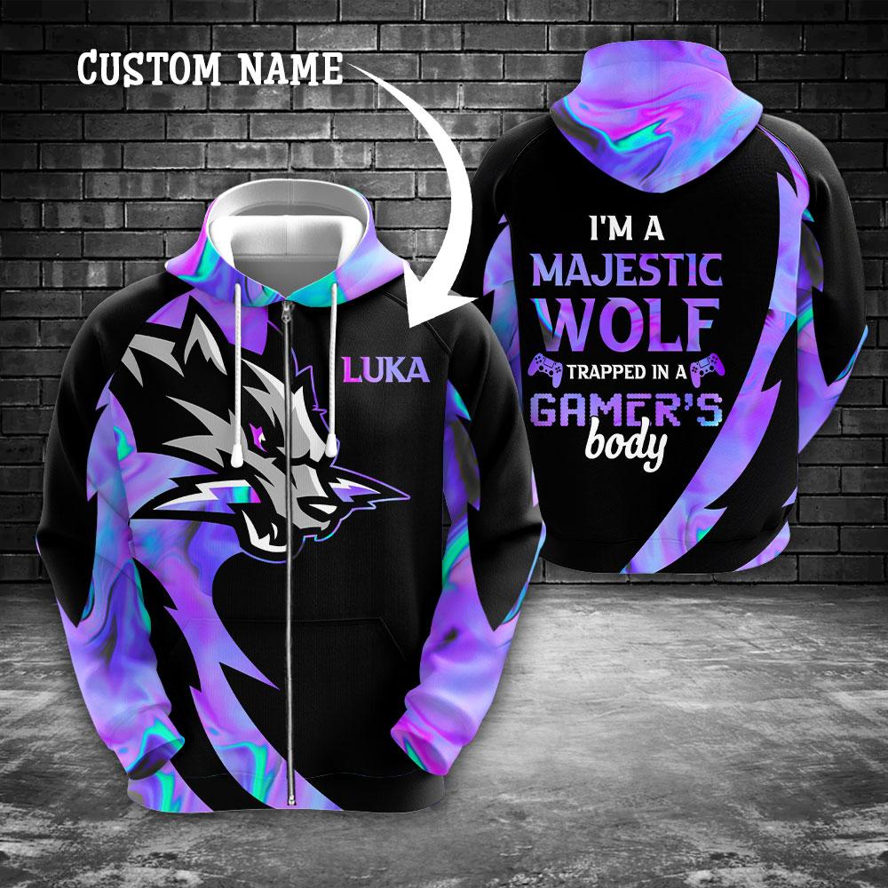 Wolf gaming Im a majestic wolf trapped in a gamers body custom name 3d zip hoodie