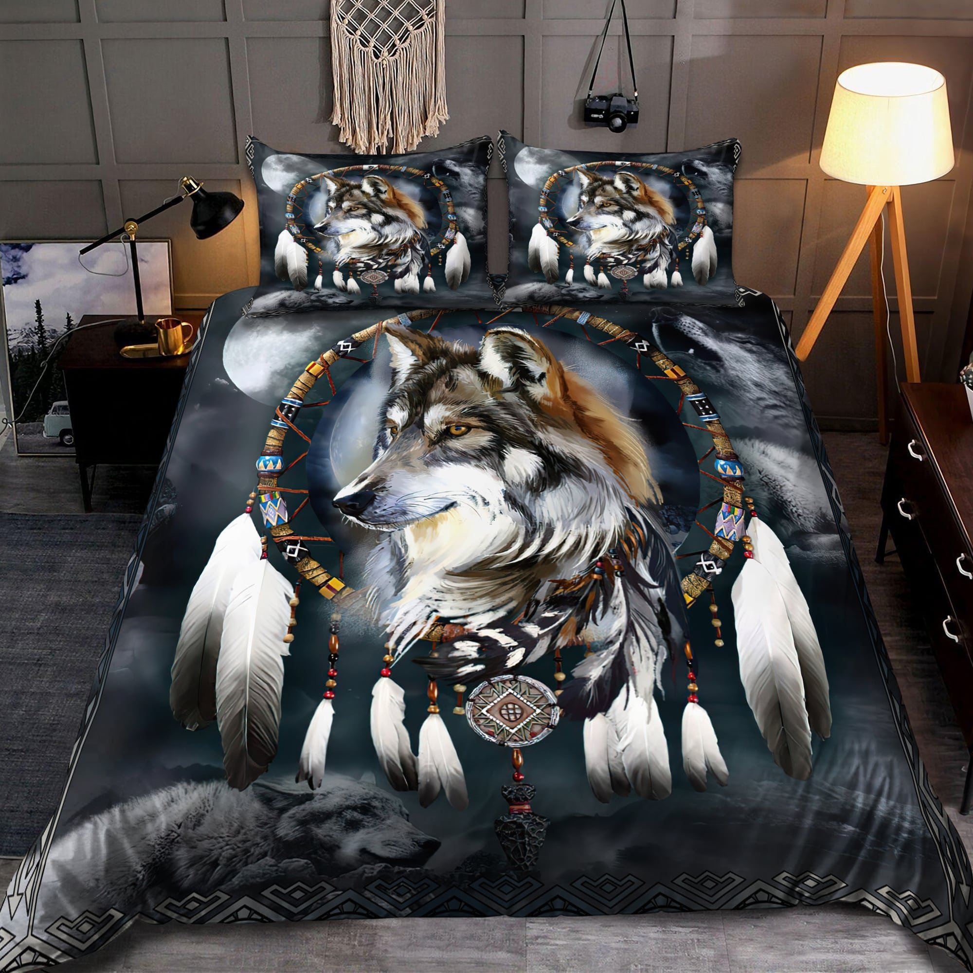Wolf native american 3D all over printed bedding set