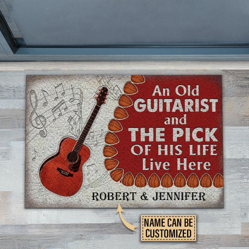 An old guitarist and the pick of his life live here custom name doormat