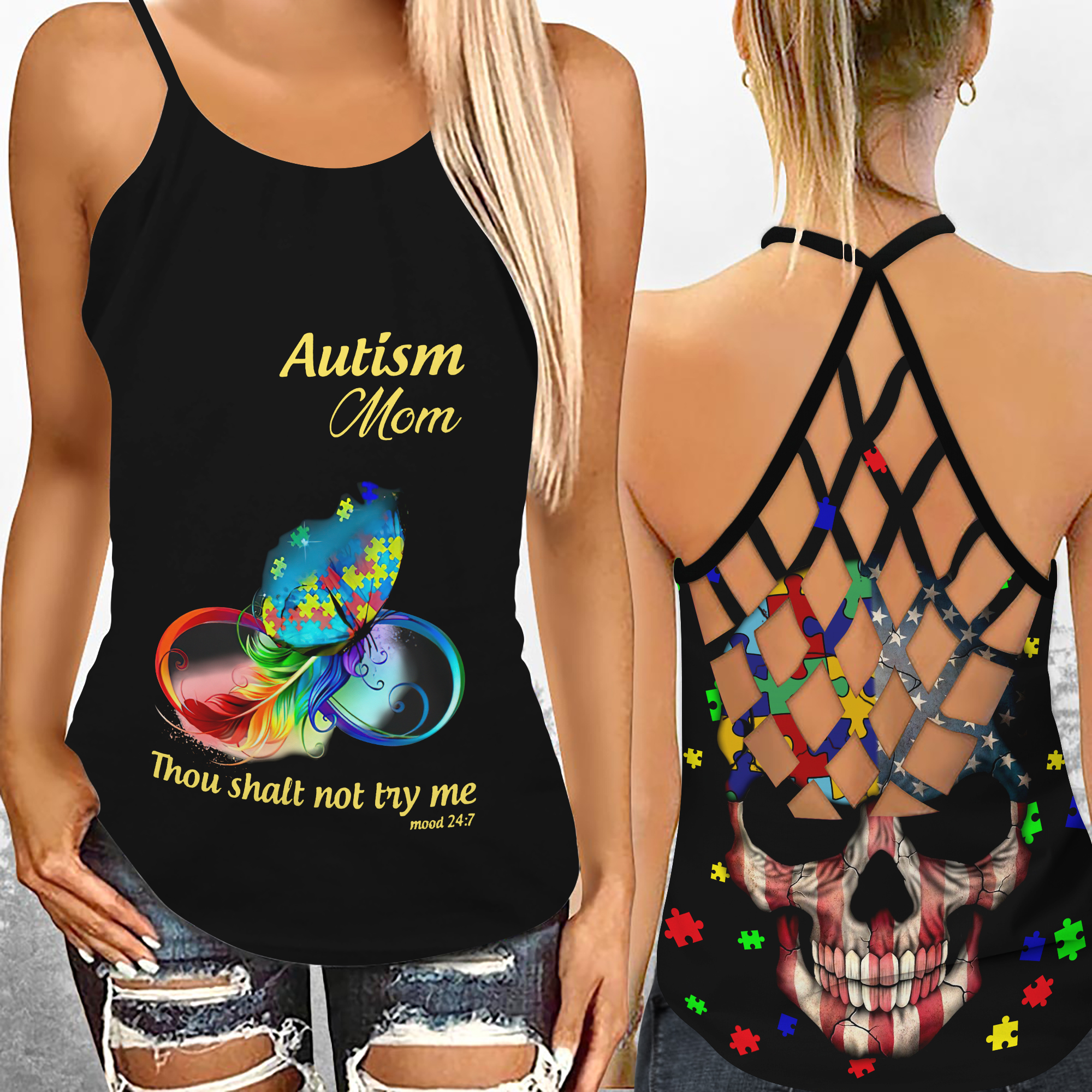 Autism mom thou shalt not try me criss-cross open back camisole tank top – Saleoff 210521