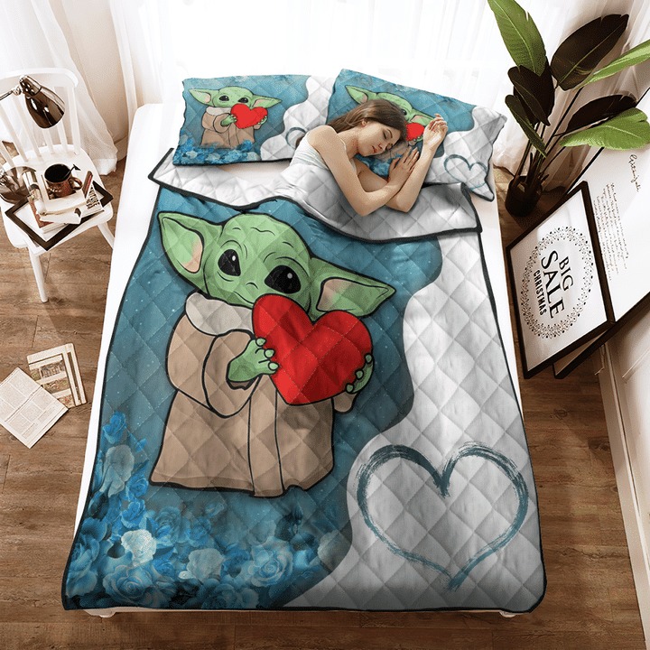 Baby Yoda heart flower quilt bedding set3