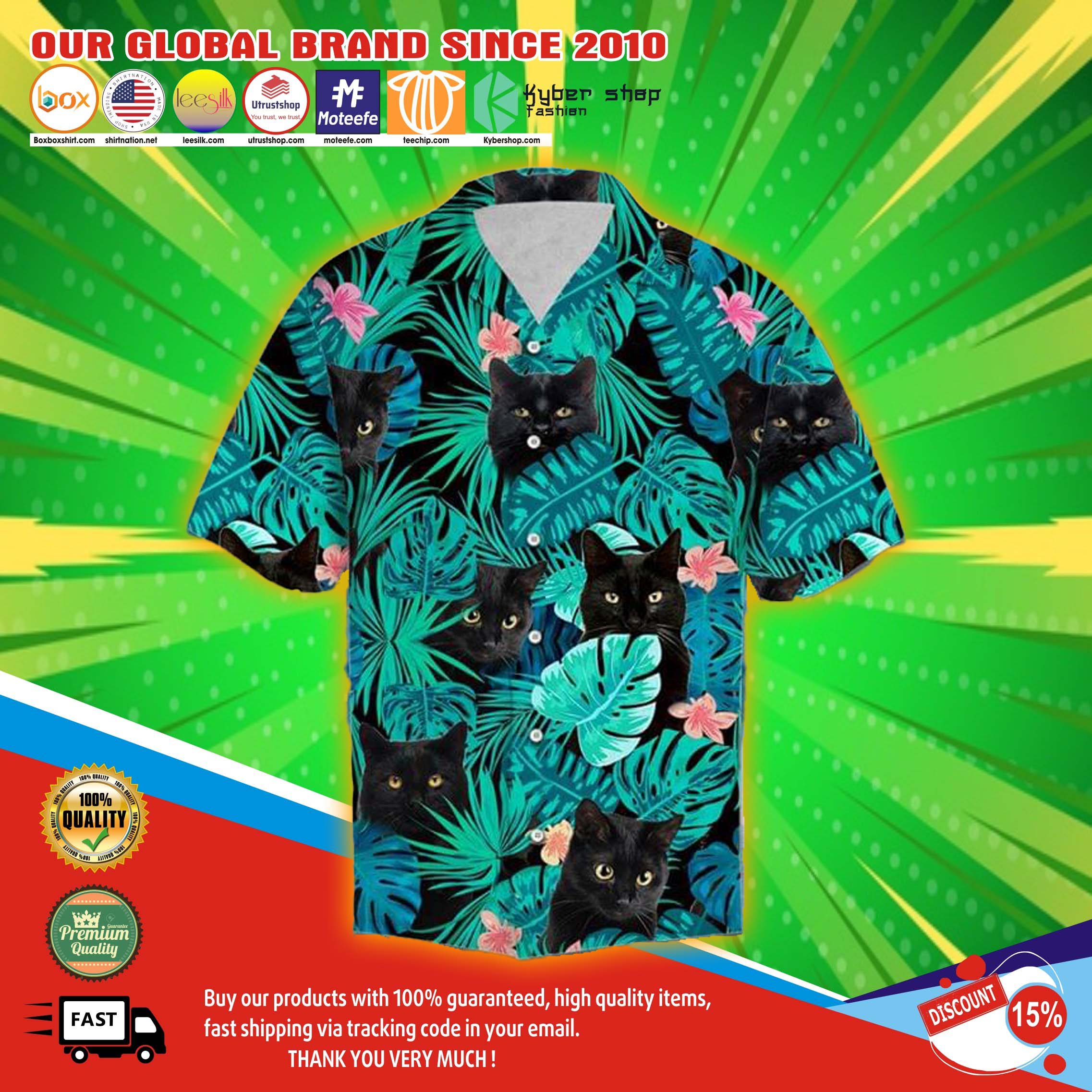 Black cat tropical hawaiian shirt 4
