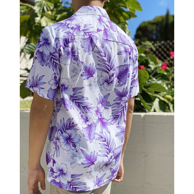 Bright hibiscus purple hawaiian shirt Back
