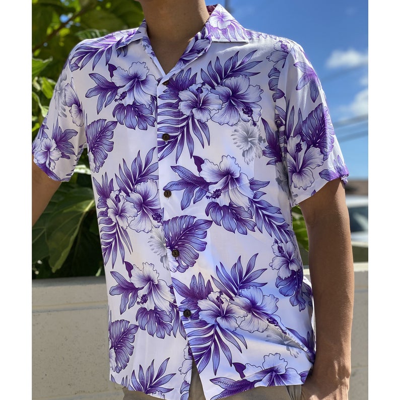 Bright hibiscus purple hawaiian shirt