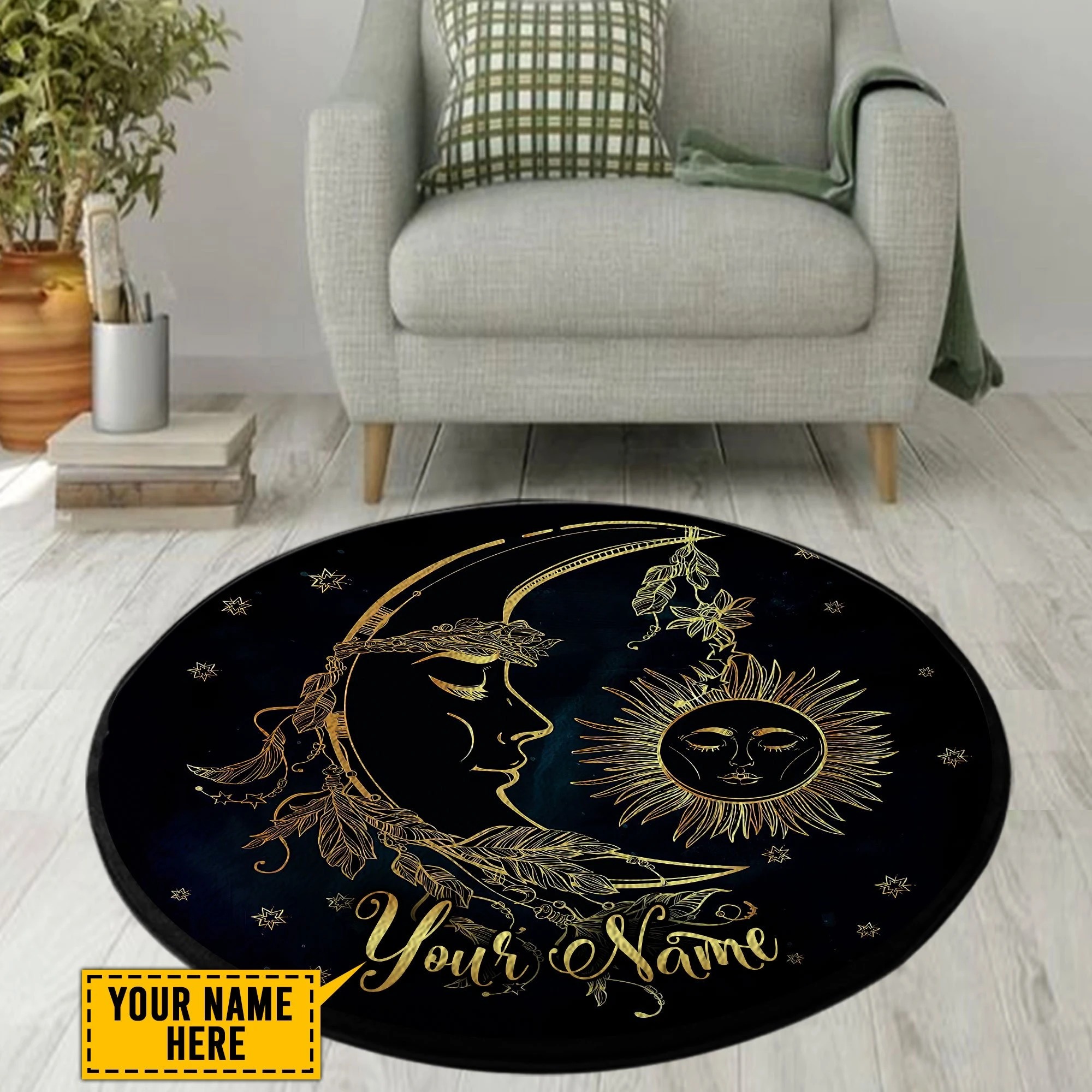 Hippie sun moon custom name round circle rug – Hothot 280521