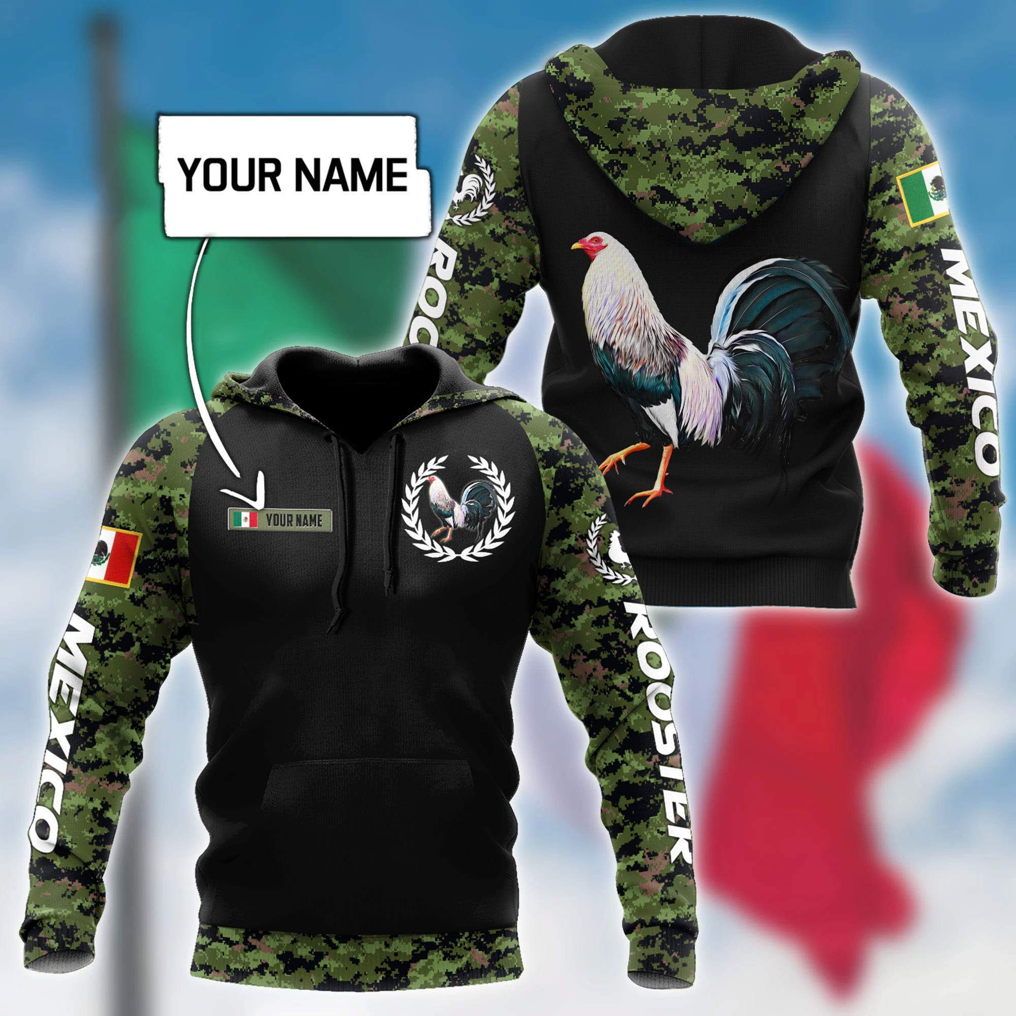 Personalized Mexican rooster camo 3d all over printed hoodie