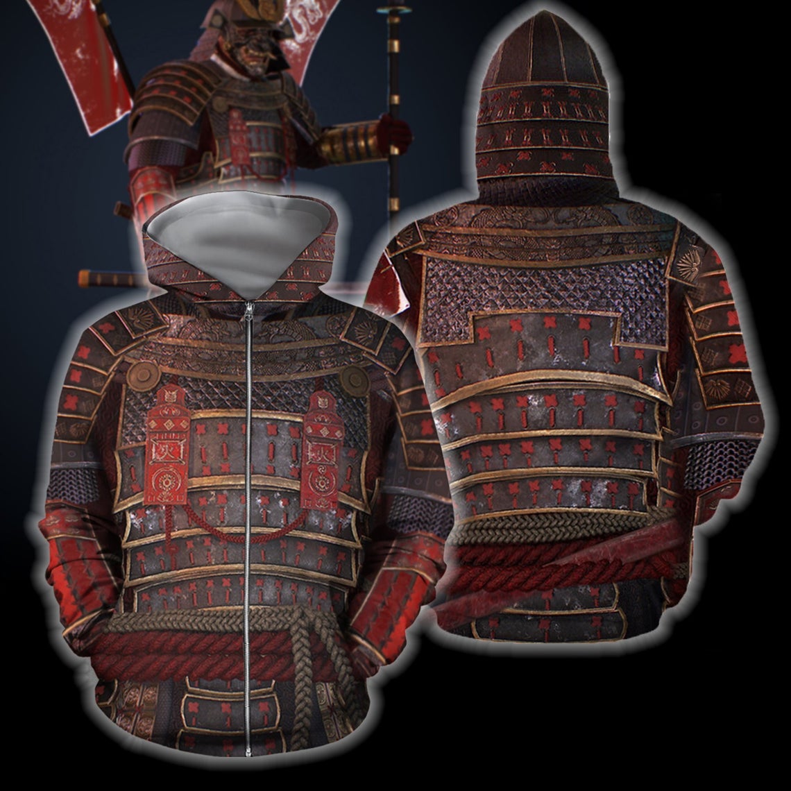 Samurai armor all over print 3d zip hoodie