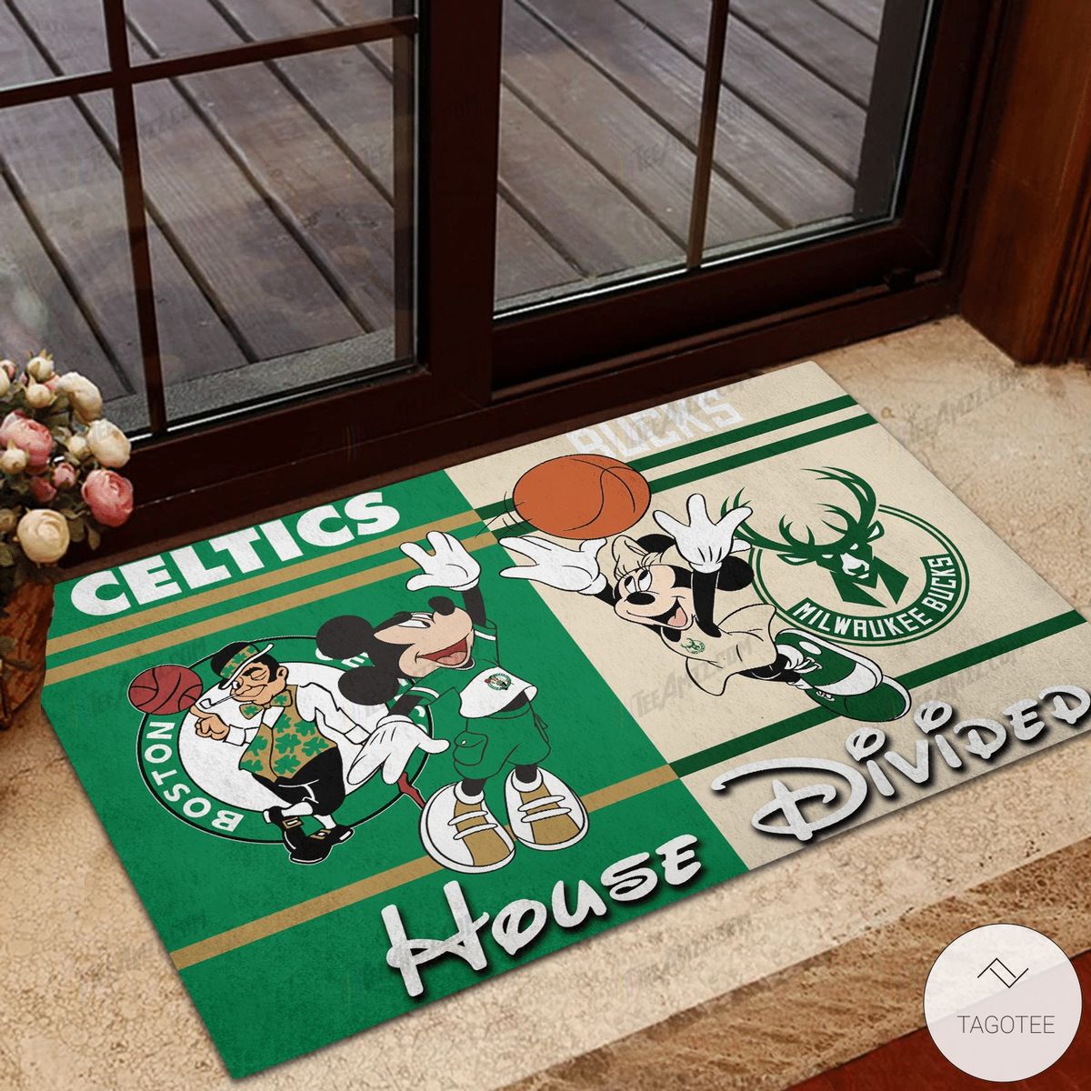 Boston Celtics House Divided Milwaukee Bucks Mickey Mouse And Minnie Mouse Doormat   – TAGOTEE
